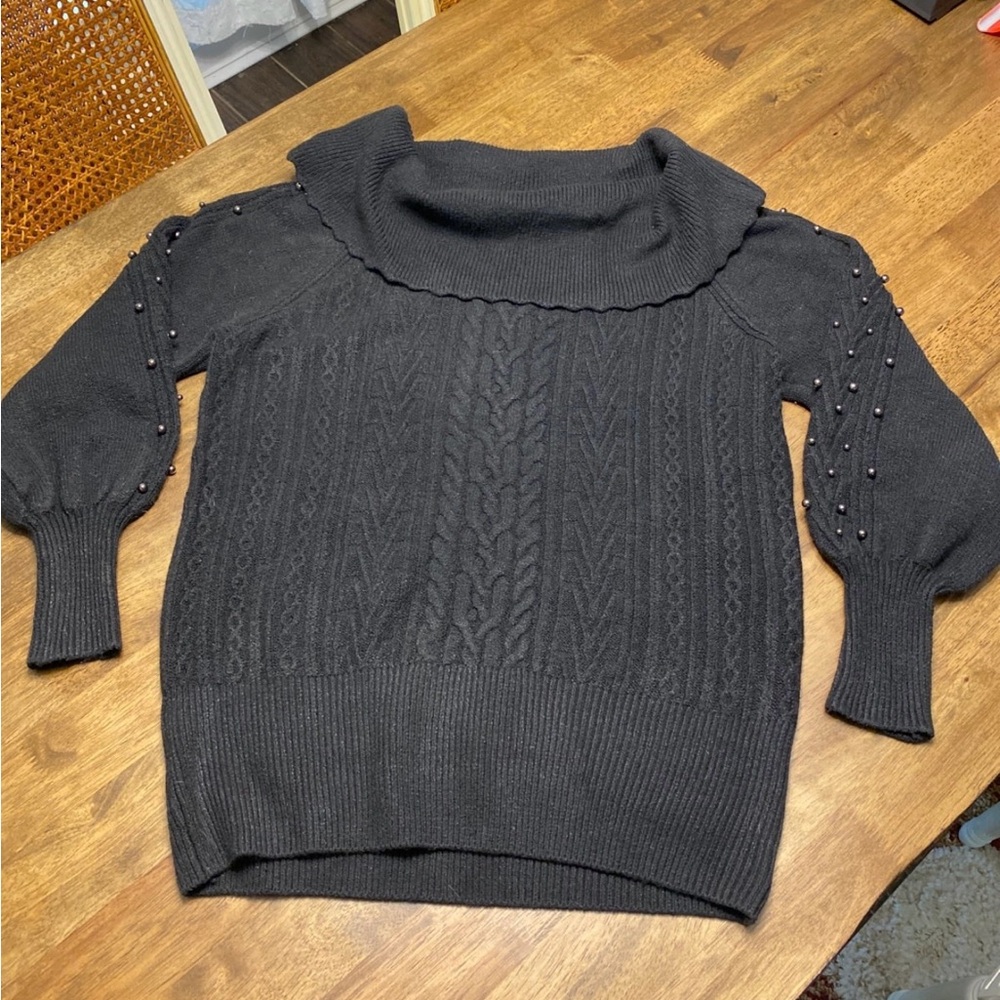 Crown & Ivy Black Cowl Neck Sweater w/ Pearl Sleeve Detail | NWT | Size M